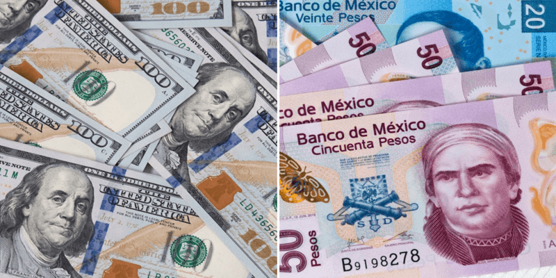 Dólar Estadounidense junto al Peso Mexicano.