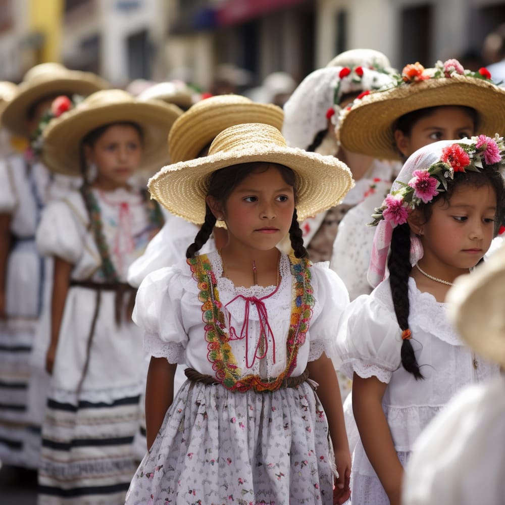 Un grupo de chicas jóvenes en traje tradicional se alinean en una fila.